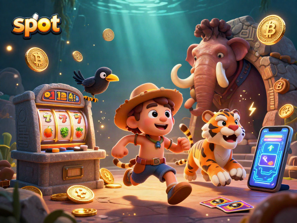 Spin the slot reels in this vibrant prehistoric casino illustration with caveman characters.