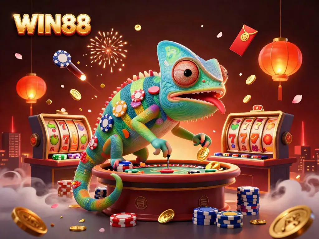 Experience thrilling gameplay at WIN88 with vibrant slot reels and a colorful casino scene.