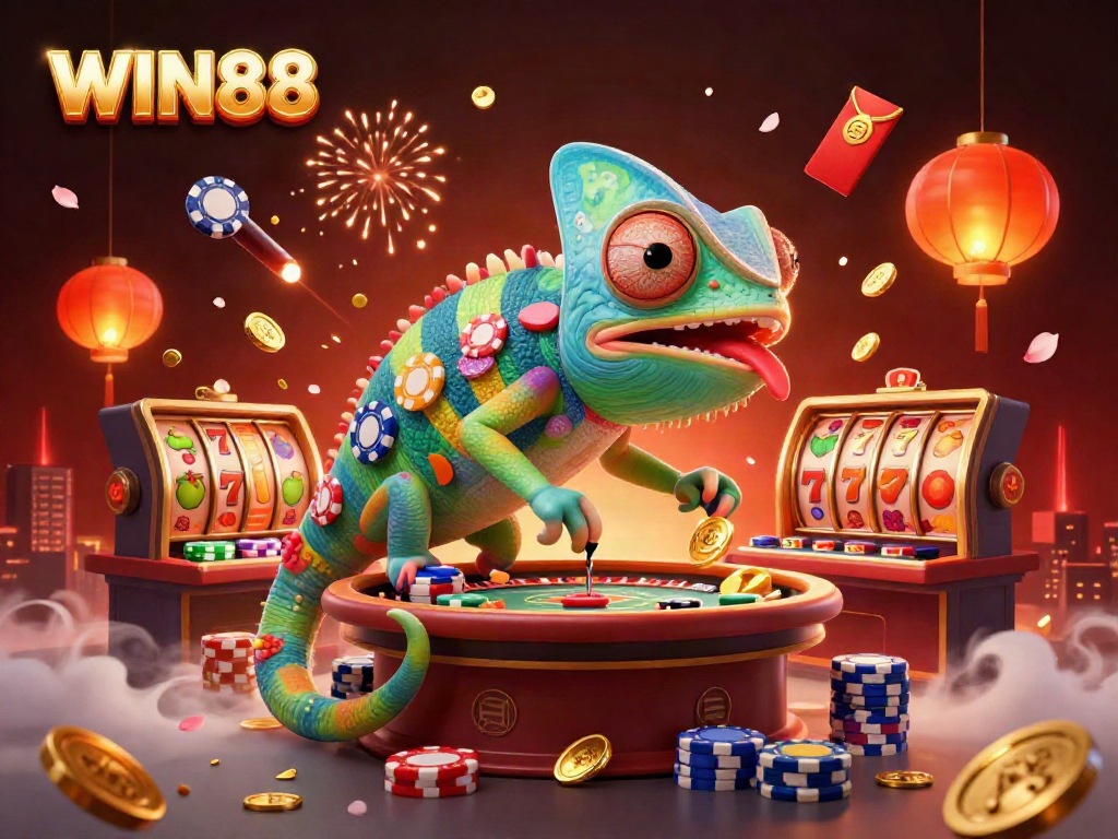 Experience thrilling gameplay at WIN88 with vibrant slot reels and a colorful casino scene.