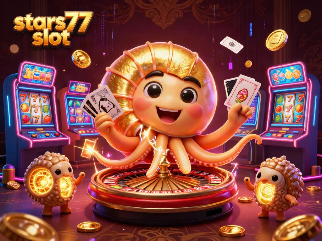 Permainan slot stars77 yang menarik dengan nautilus raksasa dan elemen kasino lainnya.