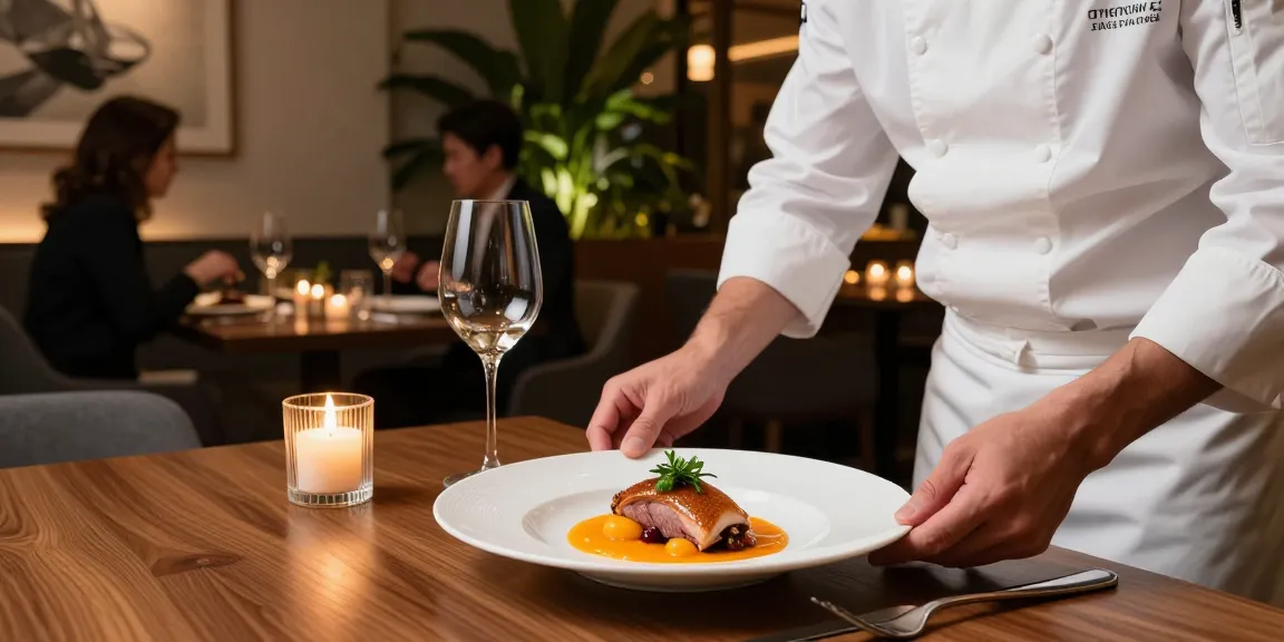 Exquisite duck à l'orange near me, elegantly plated with vibrant sauce in a fine dining restaurant setting.