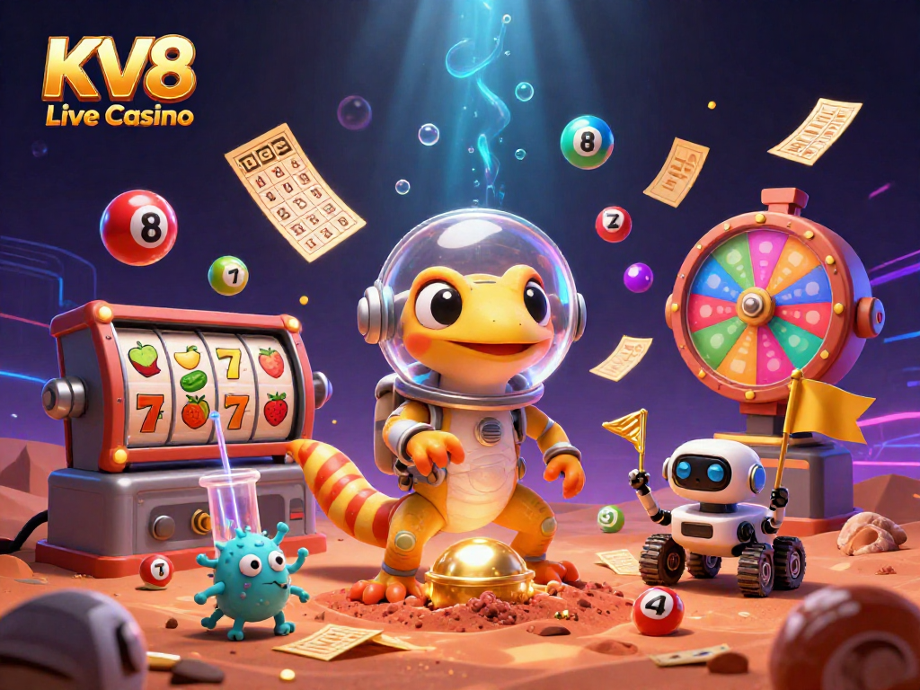 Experience the excitement of KV8 Live Casino with a vibrant, 3D illustration showcasing a Martian gecko and casino elements.