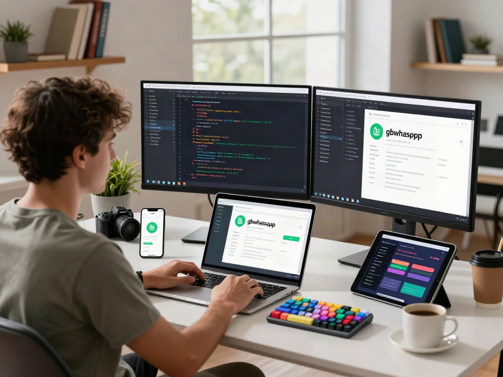 gbwhatsapp mobile application development workspace featuring a programmer and vibrant tech gadgets.