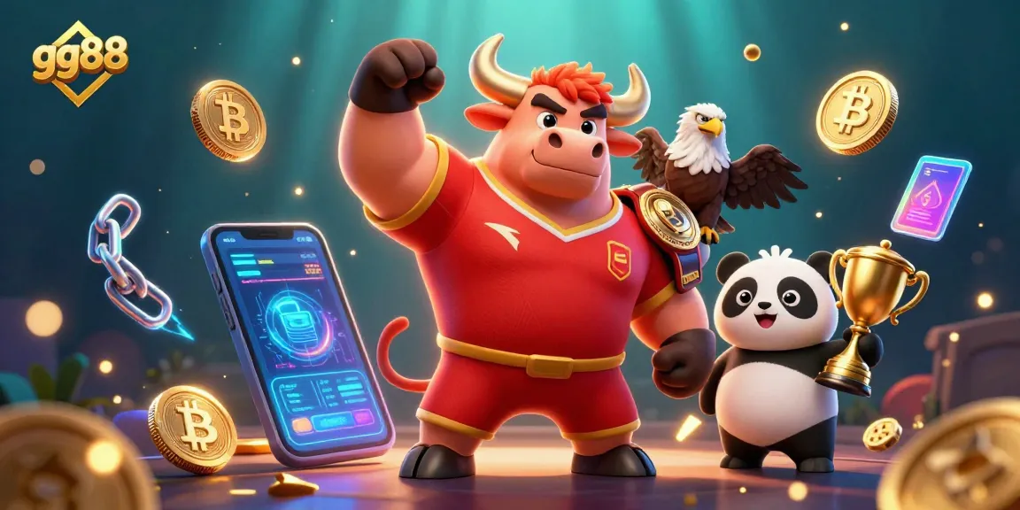Engage with gg88 in this vibrant scene showcasing a bull mascot with gaming elements and crypto coins.