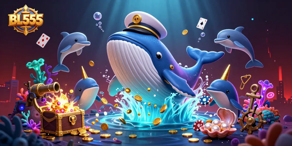 Experience thrilling gameplay at BL555 with a vibrant 3D illustration of a whale, dolphins, and poker elements.