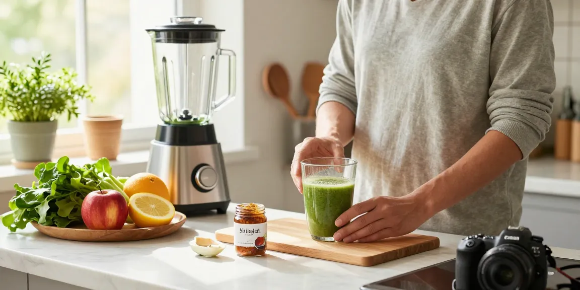 Preparing a healthy smoothie with shilajit resin, fresh fruits, and greens in a sunny kitchen.