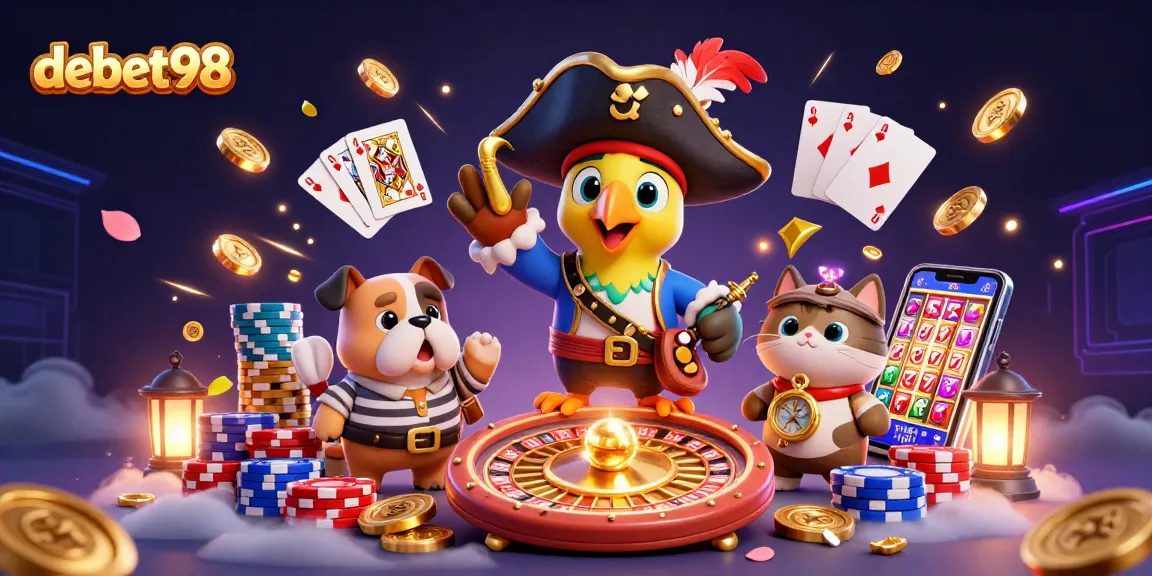 Engage with debet98's thrilling world of gambling featuring vibrant 3D elements and characters.