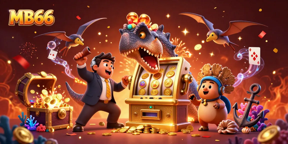 MB66 celebrates jackpots with a pachycephalosaurus, golden coins, and festive chaos.