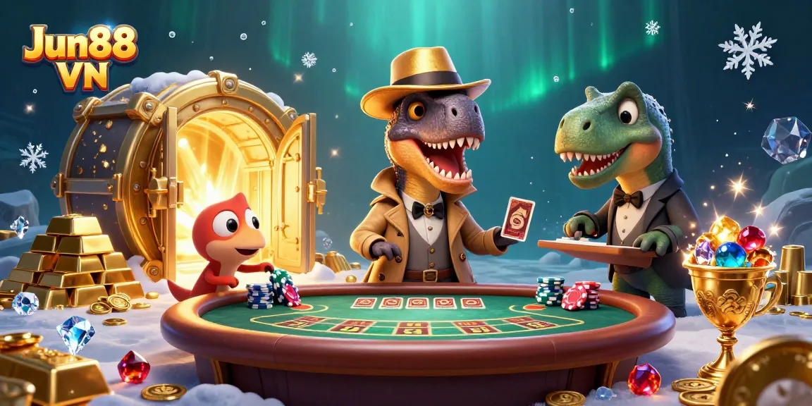 Experience the thrill of Jun88 VN with our 3D illustration featuring a clever velociraptor and energetic casino atmosphere.
