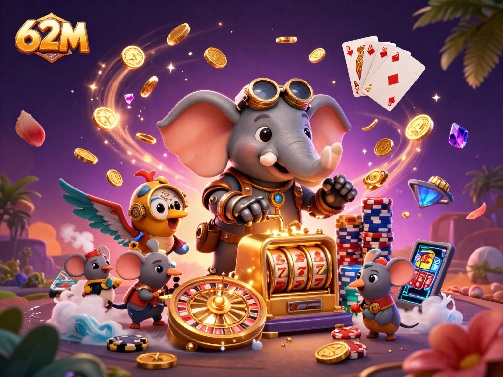 Ilustração 3D do engenheiro elefante jogando slot 62M com máquinas e fichas ao redor.