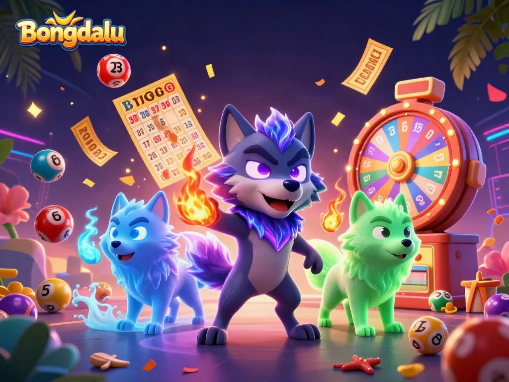 Engage with Bongdalu's vibrant gambling scene filled with lottery balls, prizes, and energetic wolf characters.