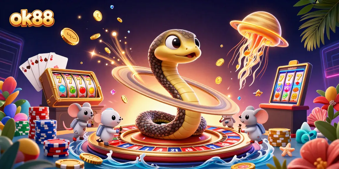 Experience thrilling bets at ok88 with cosmic-themed gaming featuring a unique roulette wheel and vibrant slot reels.