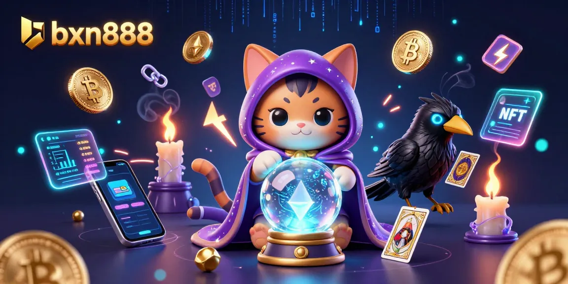 Experience the magic of gambling with bxn888, featuring a mystic cat and glowing cryptocurrencies.