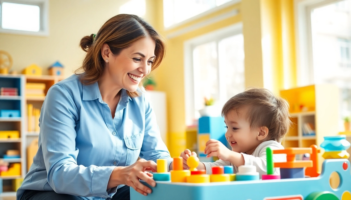Engaging ABA services session with a therapist supporting a child in a bright play area.