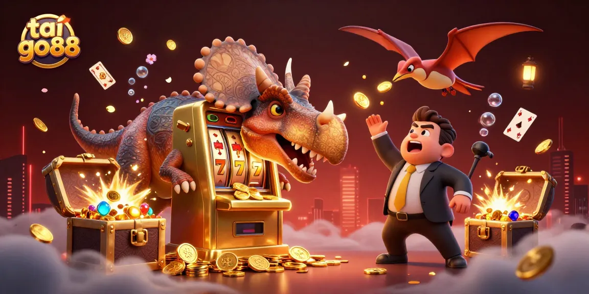 Experience the excitement of tai go88 with a cartoon dinosaur striking a jackpot slot machine amidst a vibrant casino.