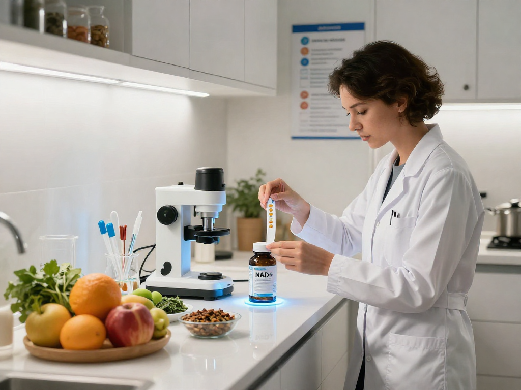 NAD+ Benefits highlighted in a modern kitchen with supplements and scientific tools.