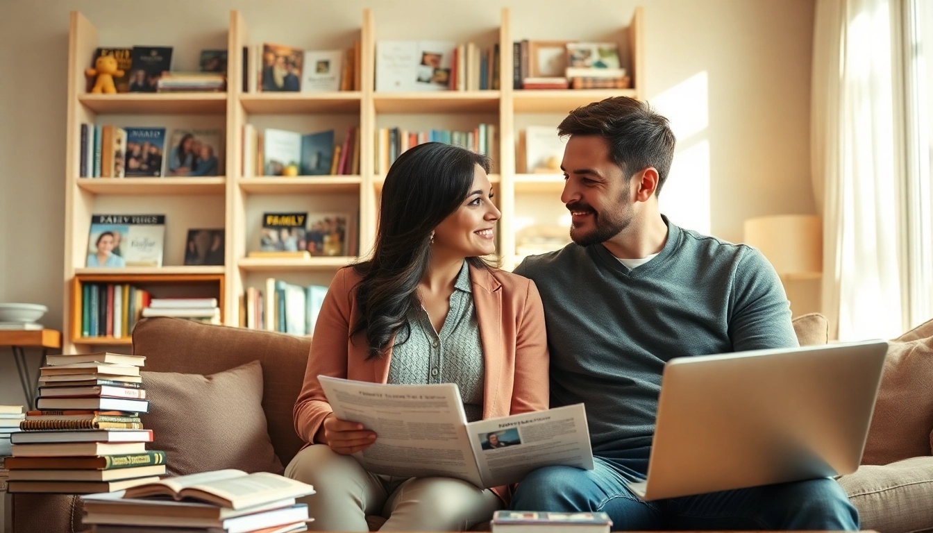 Couple engaging in discussion surrounded by marital resources to strengthen their relationship