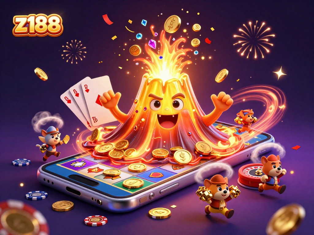 Engage in thrilling action at z188's vibrant casino scene, featuring a volcanic eruption of treasures and mobile games.