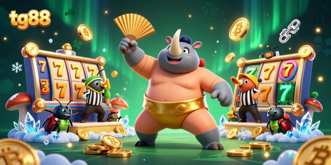 Experience dynamic gaming at tg88 with a colorful scene featuring a sumo beetle champion and vibrant slot elements.