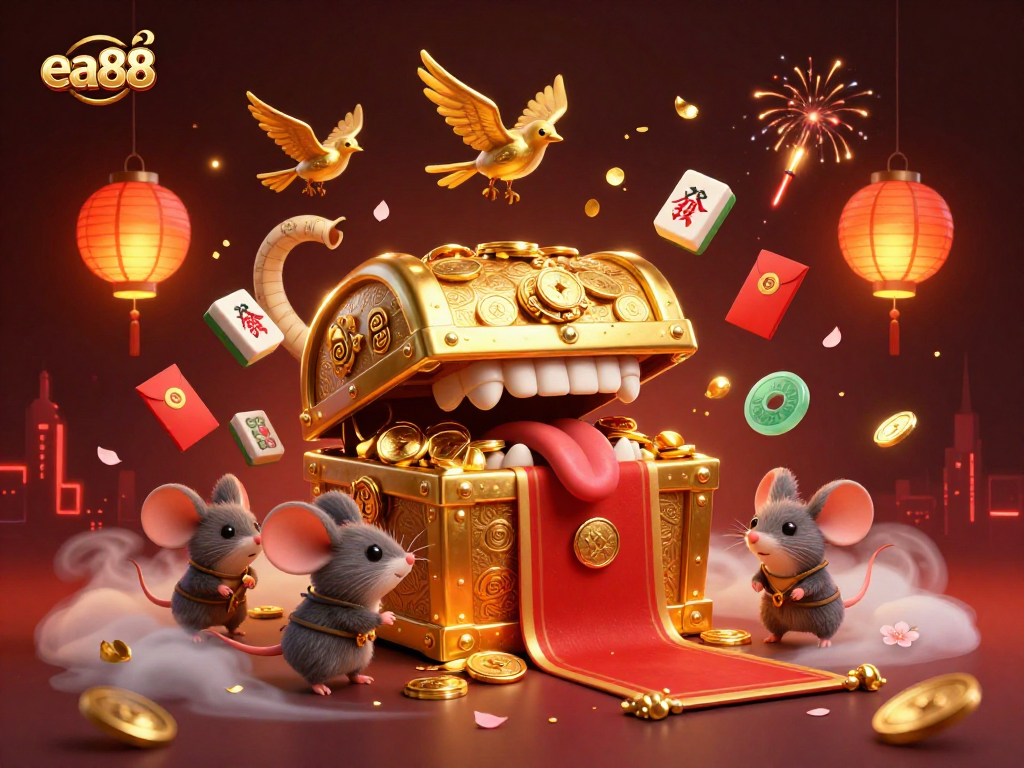 Engage with thrilling games at ea88 with golden treasure chests and vibrant casino elements.