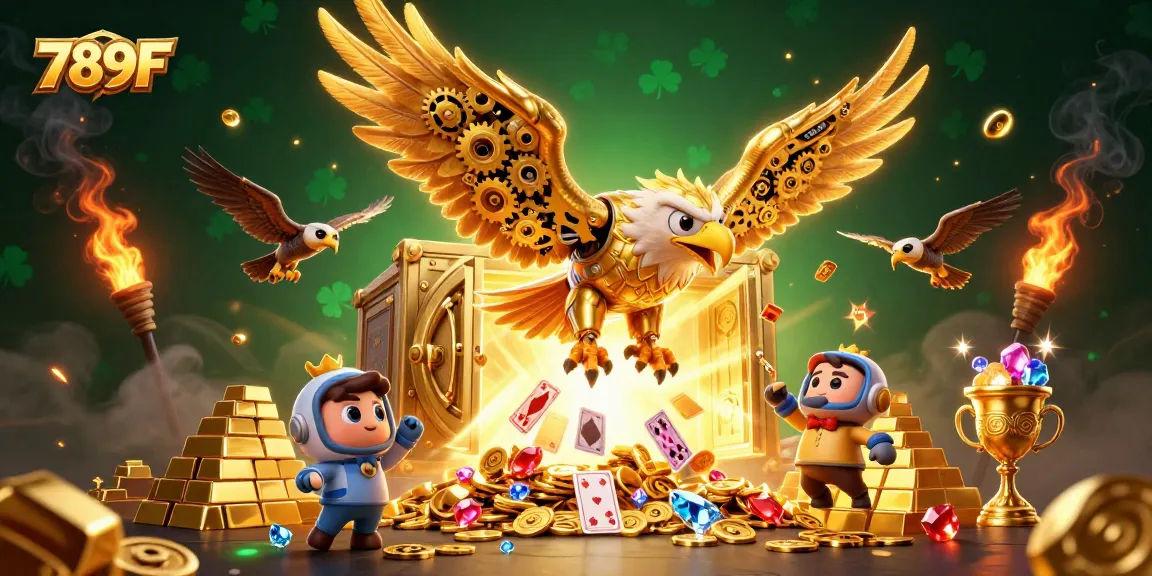 Engage with exciting gameplay at 789F's vibrant casino featuring a golden eagle amidst treasures.