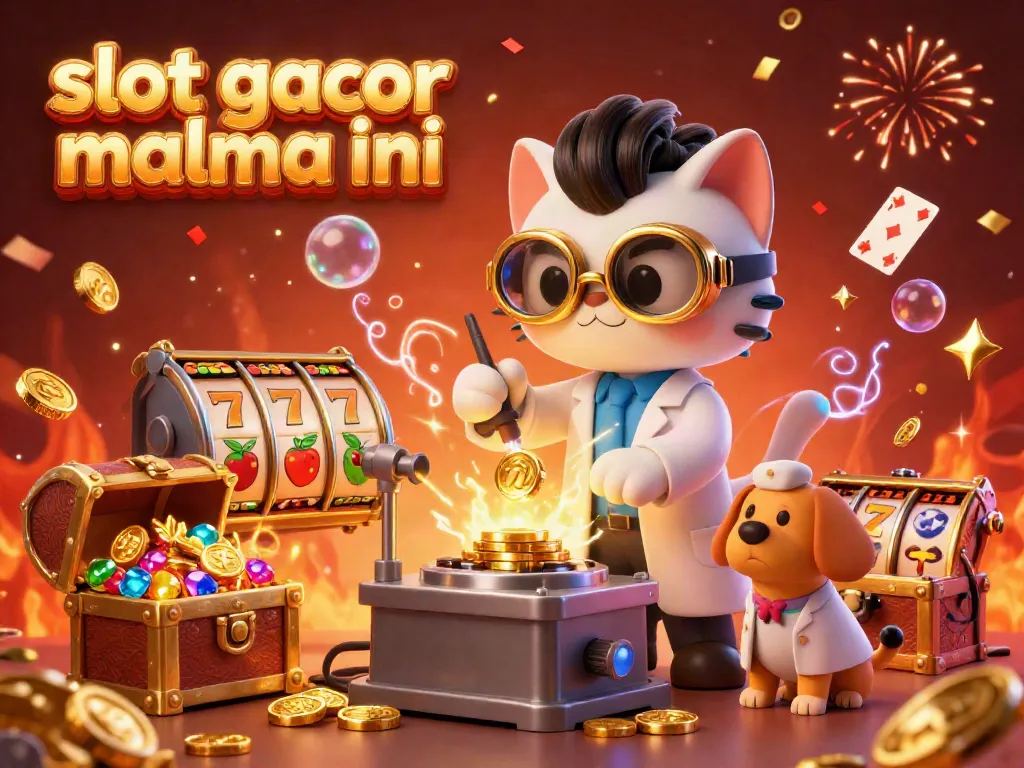 Experience fun with slot gacor malma ini featuring a mad scientist cat and energized adventure with gold coins and slot reels.
