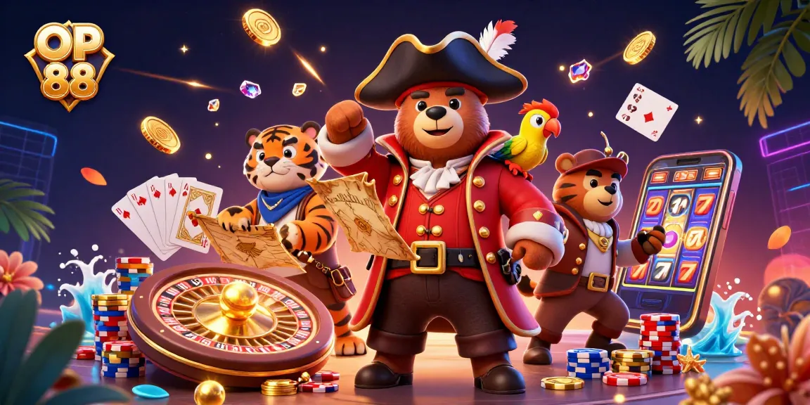 OP 88 players explore dynamic casino adventures with a pirate captain and tiger in a vibrant scene.