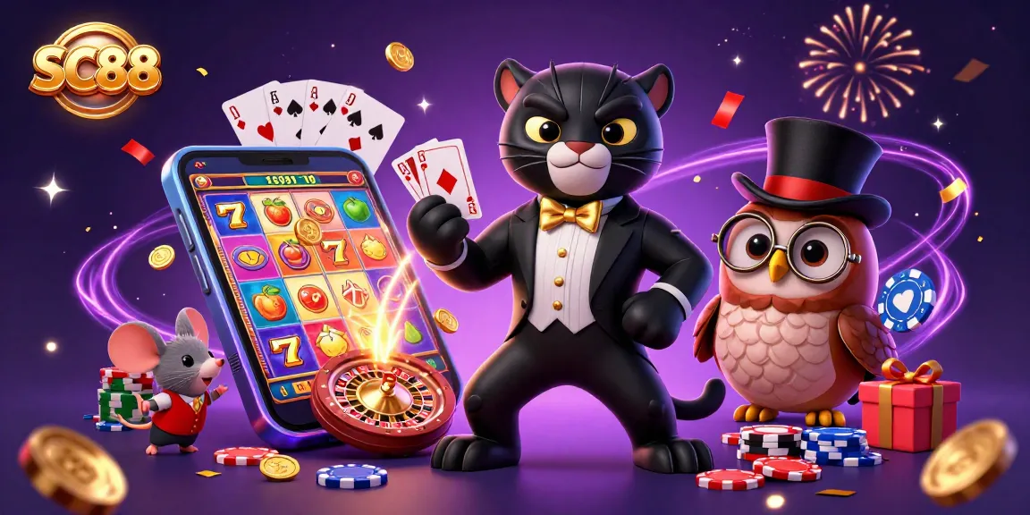 SC88: Stylish panther dealing cards amidst colorful slot game elements and celebratory confetti.