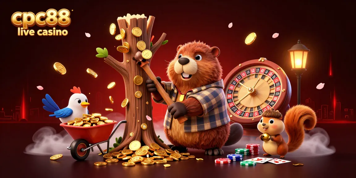 Engage in thrilling bets at cpc88 live casino with a vibrant 3D scene of beaver characters collecting winnings.