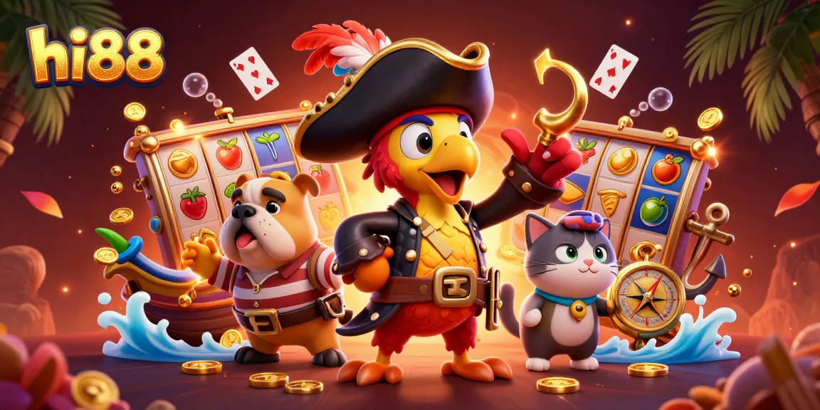 Spin the reels and win big with hi88 alongside a vibrant pirate-themed scene enhancing the casino experience.