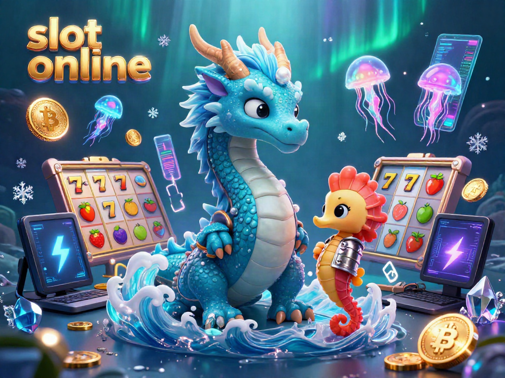 Experience the excitement of slot online gaming with a vibrant 3D illustration featuring dragons and slot symbols.
