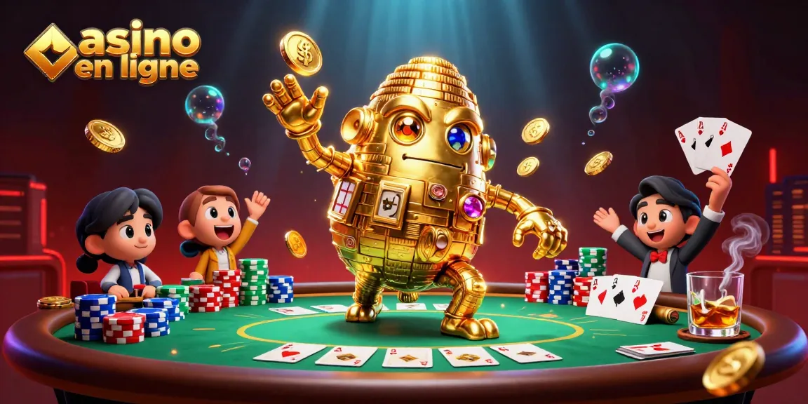 Visuel animé captivant d'un casino en ligne avec un golem doré et des éléments de poker.