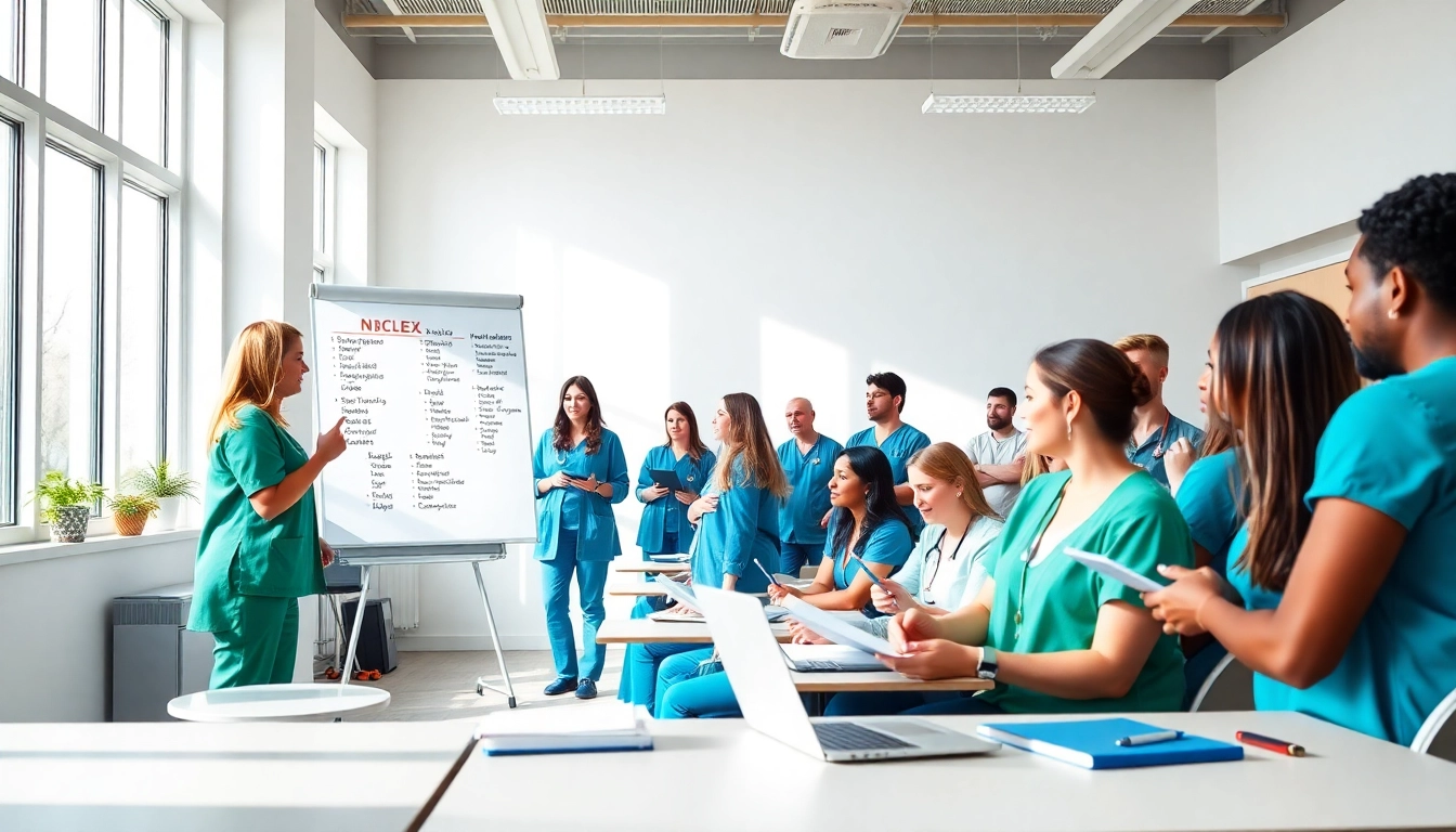 Engaged students in person NClex review in Houston classroom, focused on mastering nursing concepts.