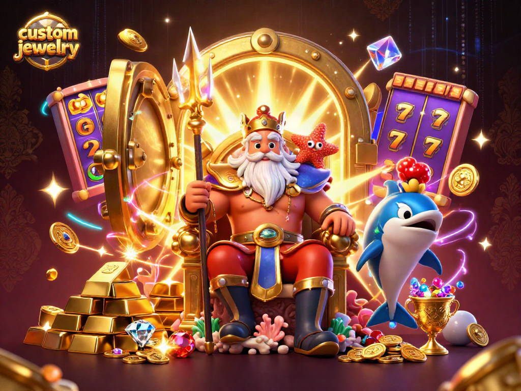 Win big with custom jewelry designs showcased in this vibrant casino scene