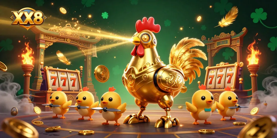 Engage with XX8 casino excitement in a vibrant arena filled with dynamic characters, slot reels, and golden tokens.
