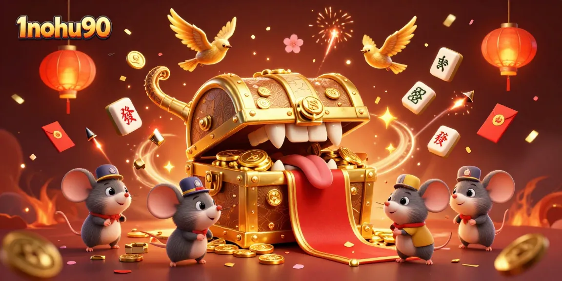 Experience the excitement of 1nohu90's treasure-filled gaming ambiance with golden coins and festive elements.
