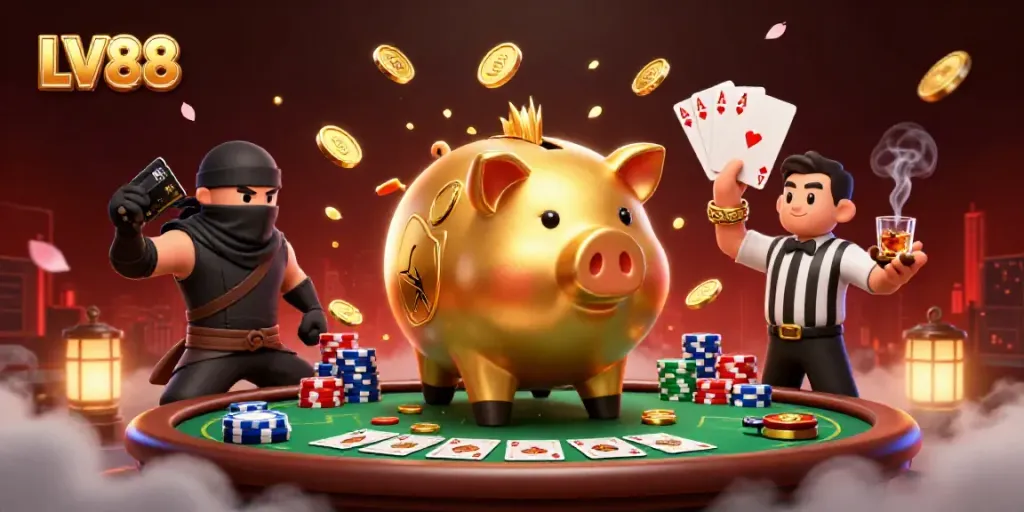 Experience the excitement of LV88 with a dynamic illustration featuring a piggy bank sumo wrestler amidst poker elements and vibrant action.