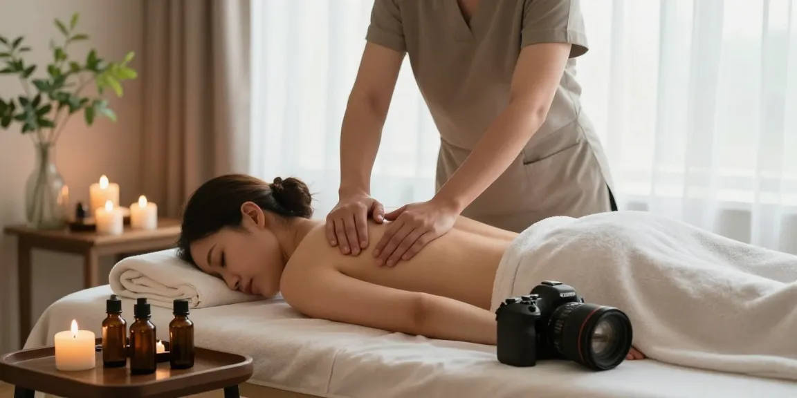 마사지 테라피 공간에서 마사지 중인 모습, 아로마 오일과 촛불이 주변에 있어 편안한 분위기 조성