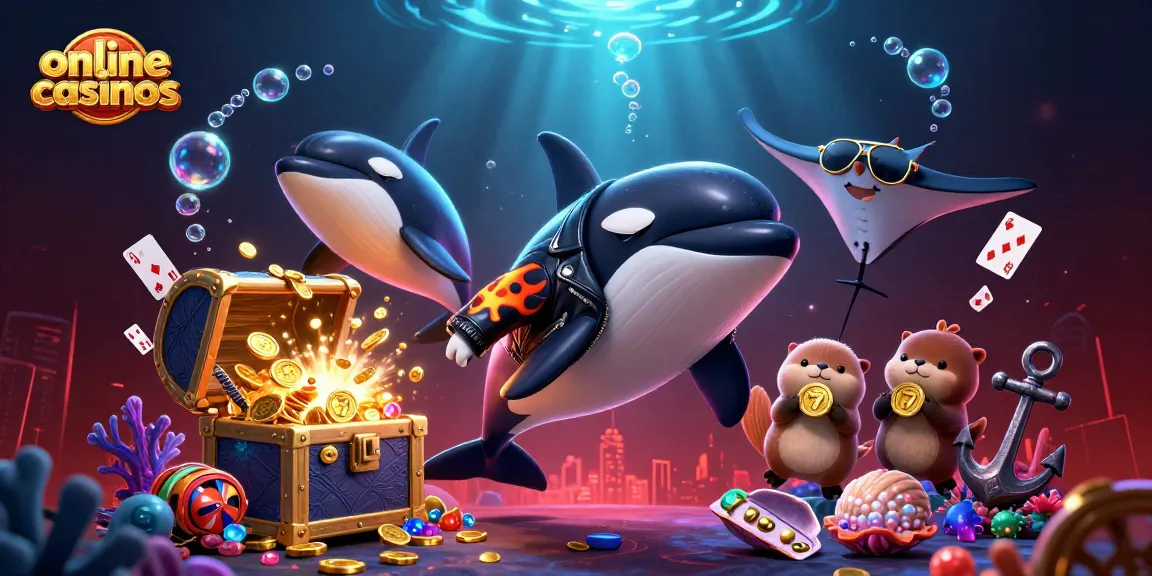 Experience exciting online casinos with characters celebrating wins in a vibrant 3D underwater scene.