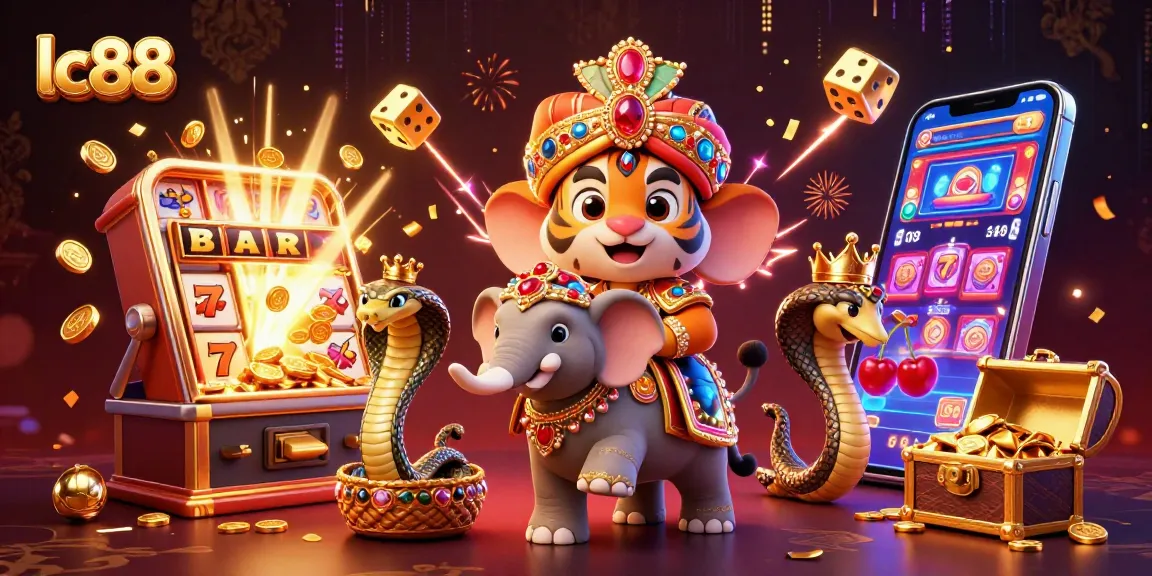 lc88 slot gaming scene with a royal elephant and tiger, bursting with casino excitement and jackpots