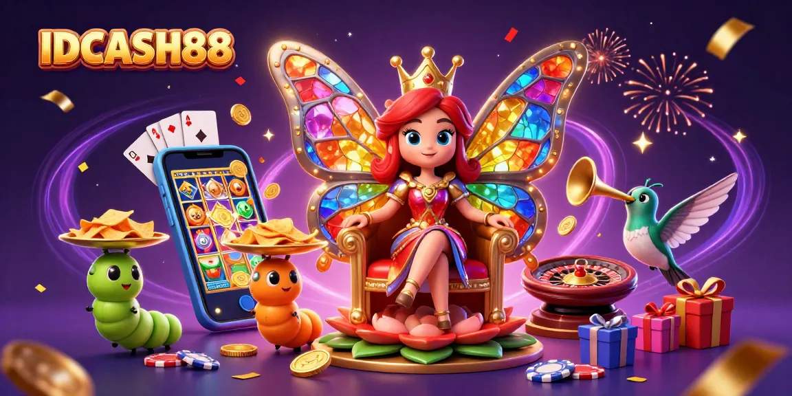 Spin to win at IDCASH88 with a colorful digital slot game illustration featuring a butterfly queen and magical elements.