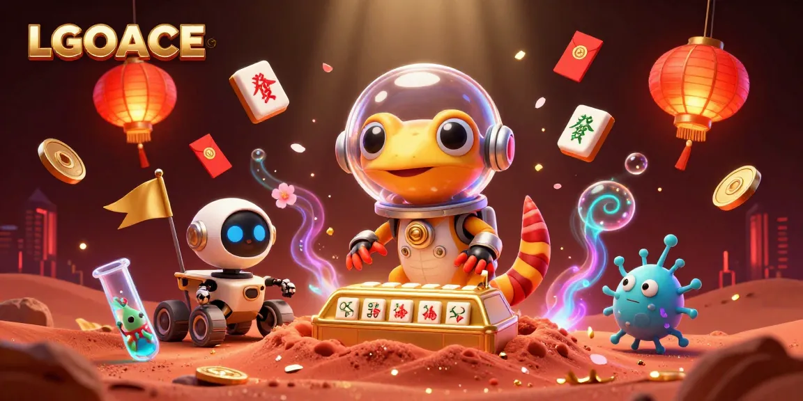 LGOACE Casino scenario featuring a Martian gecko exploring a golden casino amidst vibrant gambling elements.