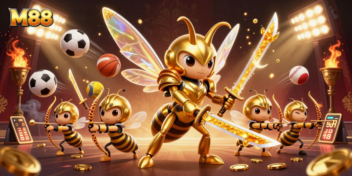 M88 showcases a vibrant, dynamic 3D scene featuring a golden hornet samurai amidst various sports betting elements.