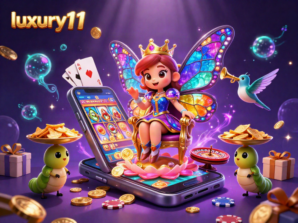 Experience thrilling gameplay with luxury111 as a whimsical butterfly queen oversees a vibrant casino scene.