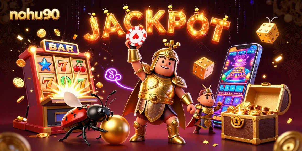 Experience the thrill of nohu90 casino gaming with vibrant characters, jackpot excitement, and gold coins raining down.
