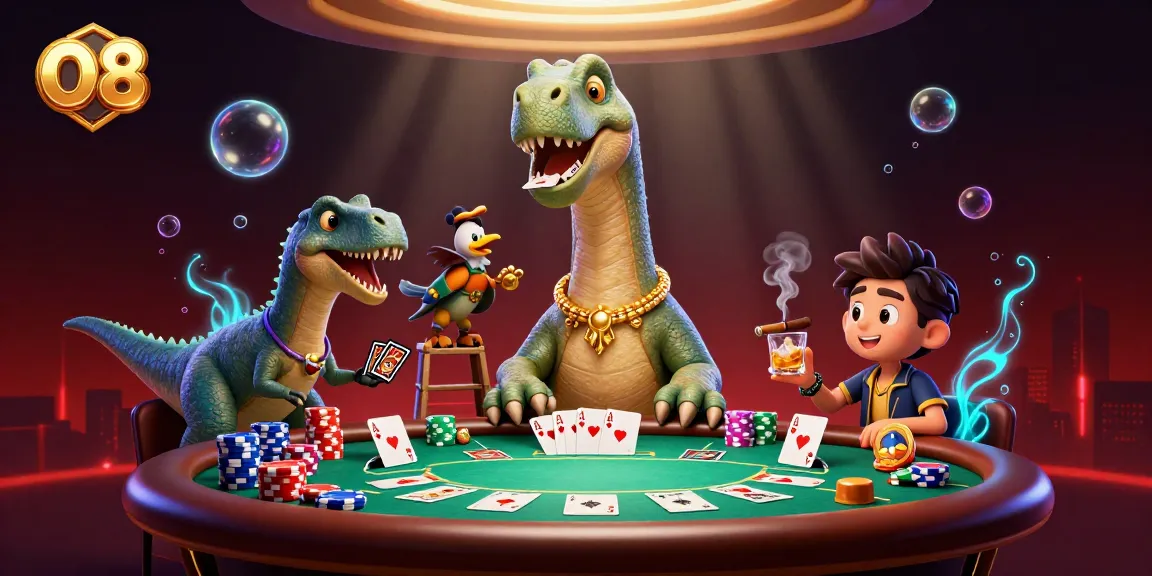 O8 brontosaurus and raptor creating excitement at a poker table in a vibrant casino scene.