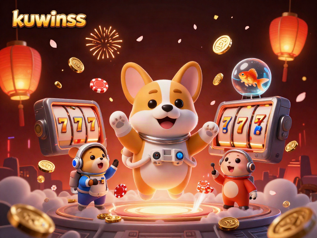 Engage with kuwinss' vibrant space casino scene filled with floating poker elements and dynamic cartoon characters.