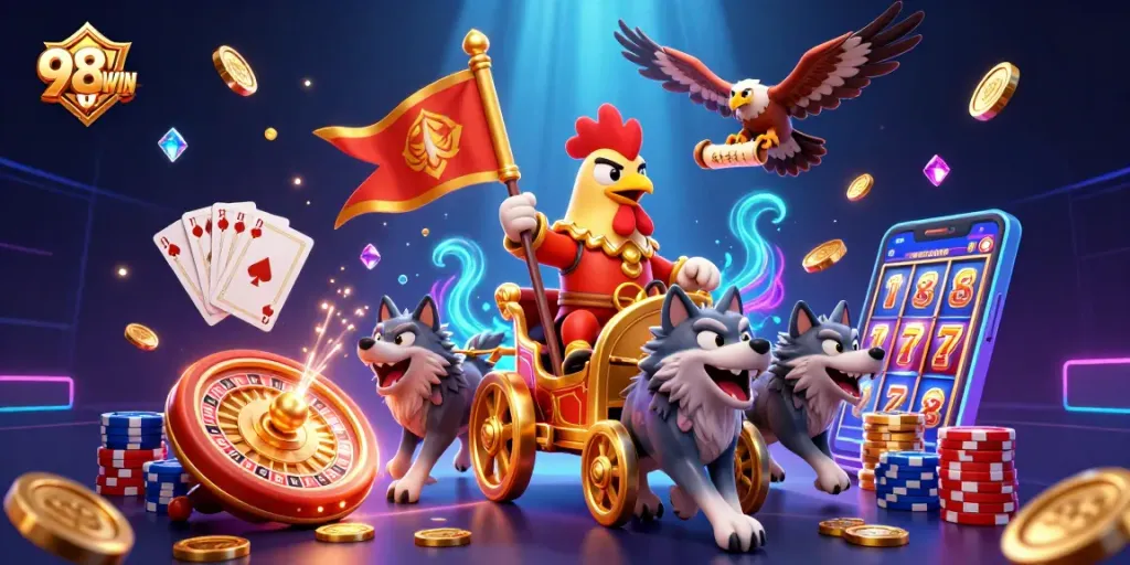 Experience the excitement of winning with 98WIN and colorful casino elements.