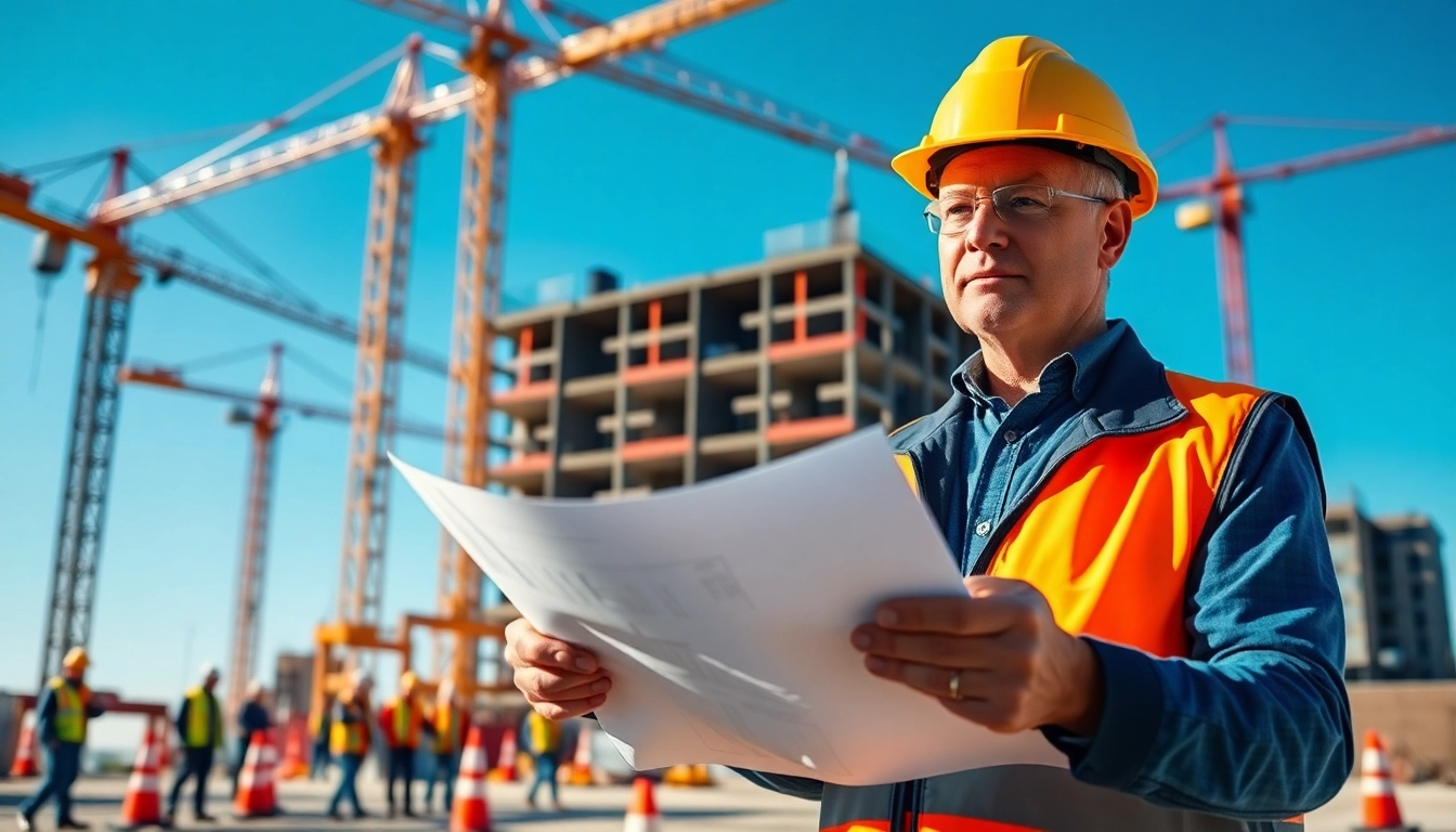 New Jersey Construction Manager directing a busy construction site with blueprints in hand.