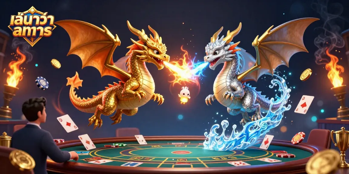 Experience excitement with เล่นบาคาร่าทดลอง as golden and silver dragons battle in a casino-themed showdown.